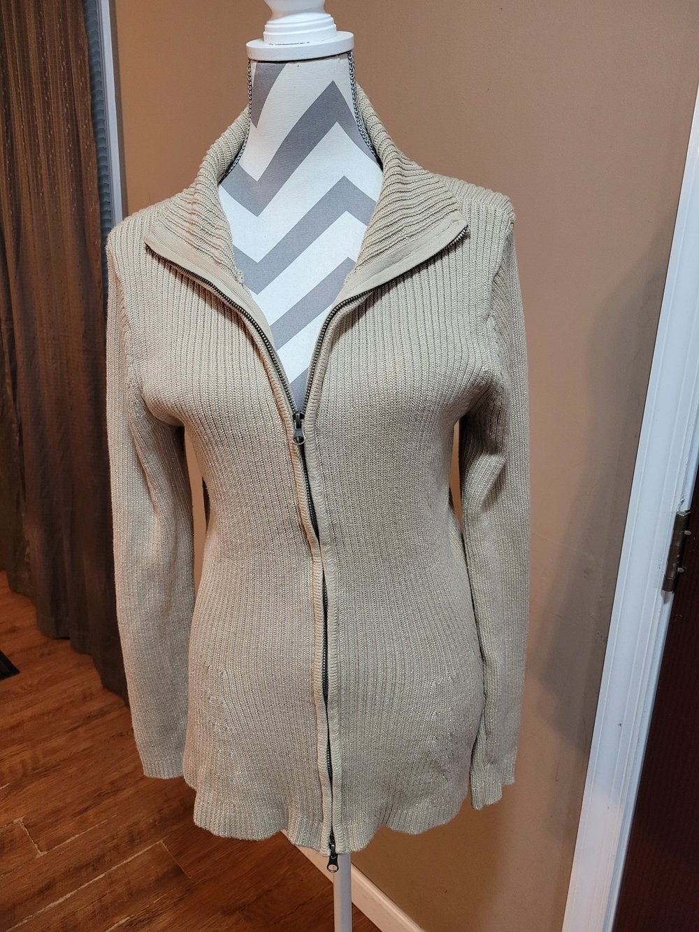 Alex Marie Beige Ribbed Zip-Up Cardigan